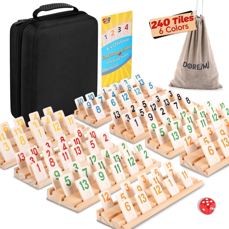 Doreimi Store Deluxe Rummy Cube Game Set 6-8 Players with 8 Wooden Racks and 240 Melamine Rummy Tiles, Travel Family Board Game for Adults and Kids Age 8+,Birthday Gifts for Women Men Dad Mom - Image 1